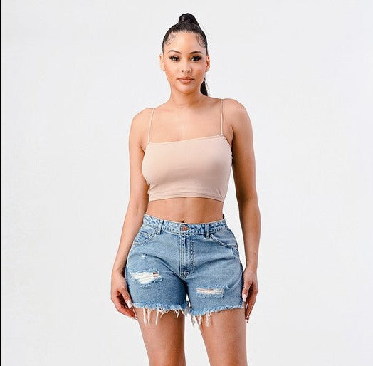 Distressed Side Slit Denim Shorts