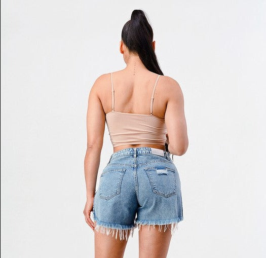 Distressed Side Slit Denim Shorts