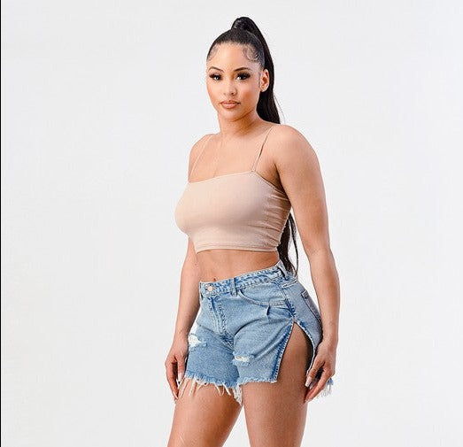 Distressed Side Slit Denim Shorts