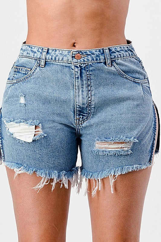 Distressed Side Slit Denim Shorts