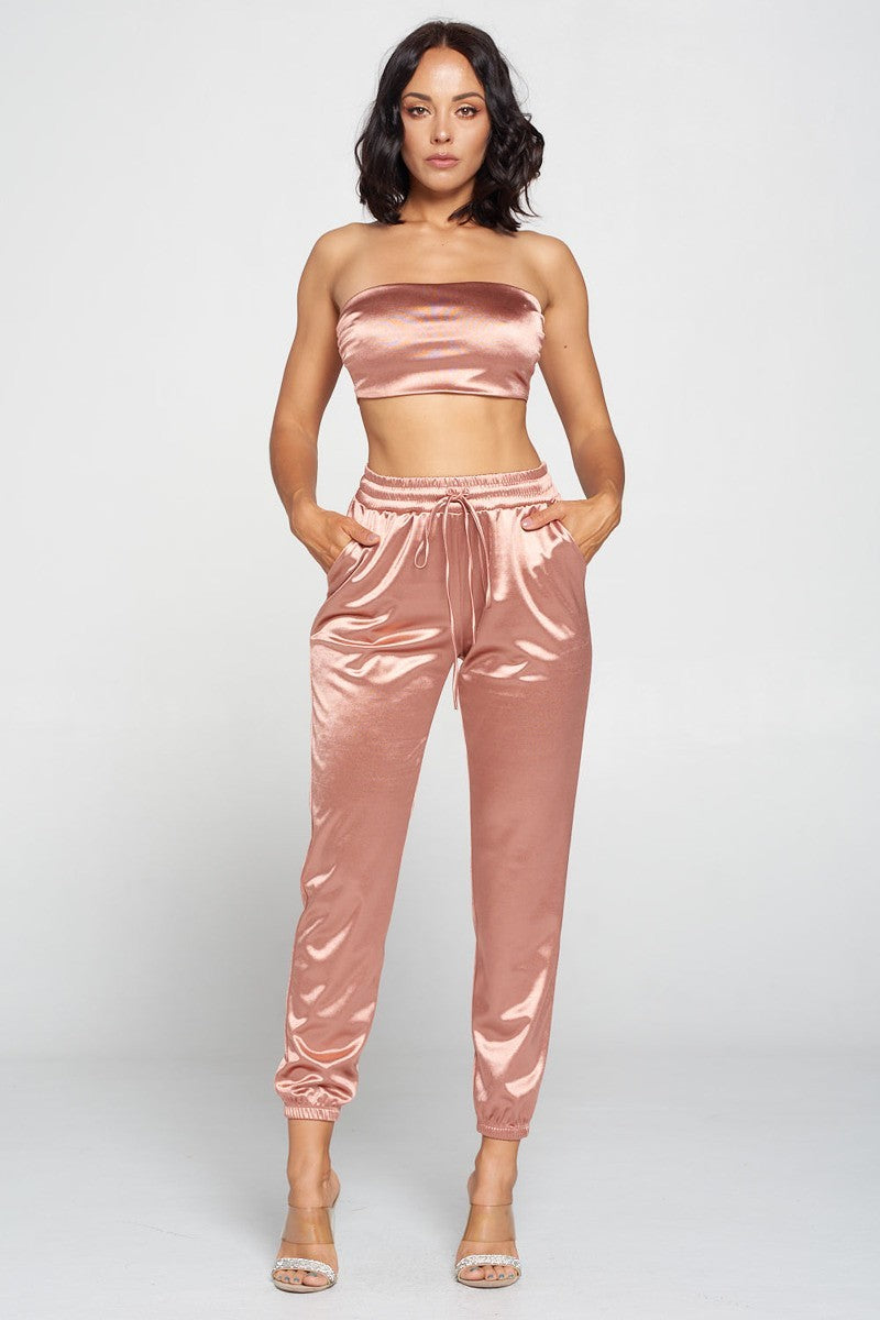 Satin Tube Top Pants Set