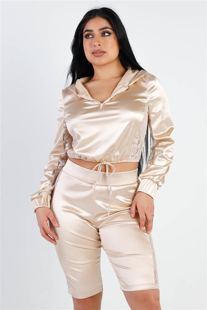 Satin Lace Detail Biker Short Set