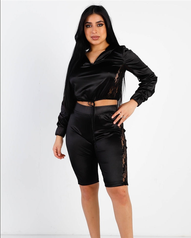 Satin Lace Detail Biker Short Set