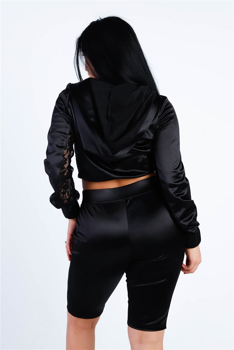 Satin Lace Detail Biker Short Set