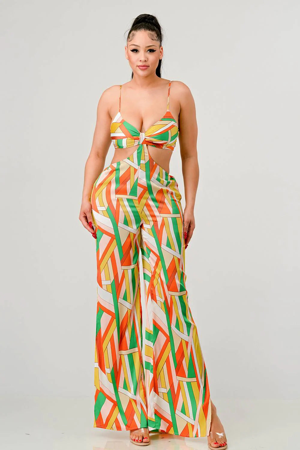 Luxe Satin Geo Print Wide Leg Jumpsuit