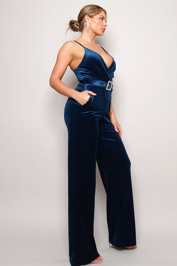 Samyia Rhinestone Belted Velvet Jumpsuit