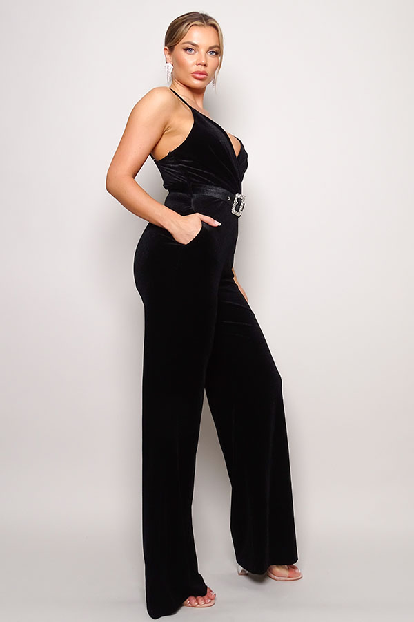 Samyia Rhinestone Belted Velvet Jumpsuit