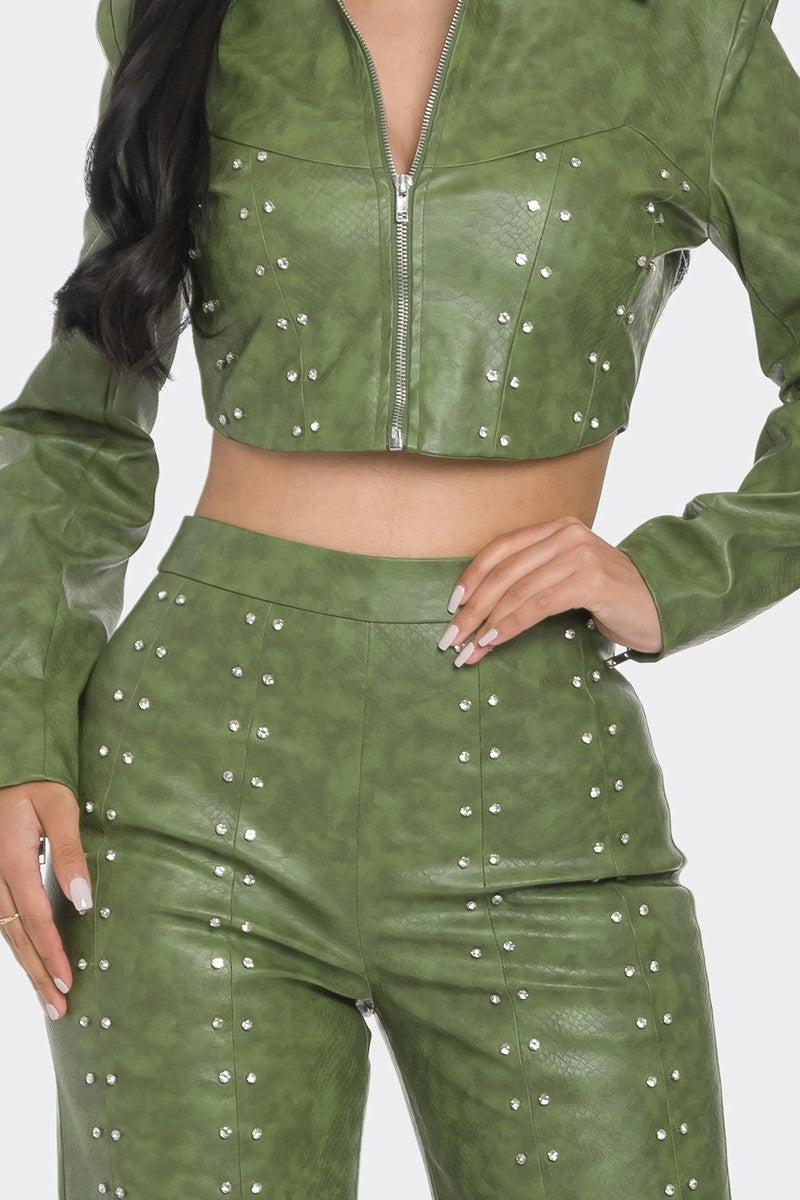 Embellished Rhinestone Faux Leather Pants Set
