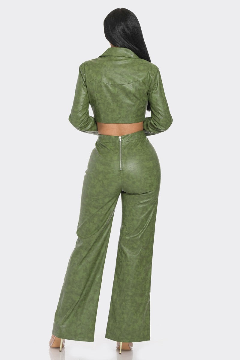 Embellished Rhinestone Faux Leather Pants Set