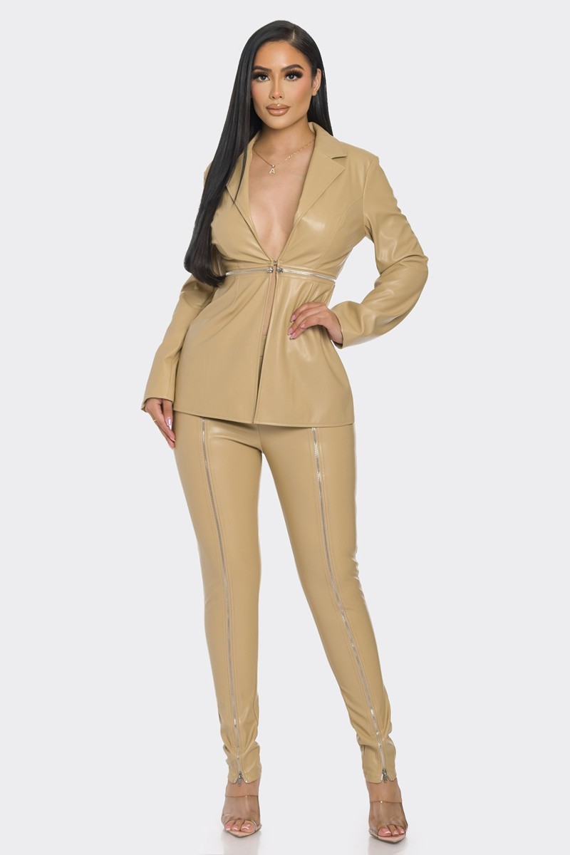 Mylae Faux Leather Zipper Pant Set