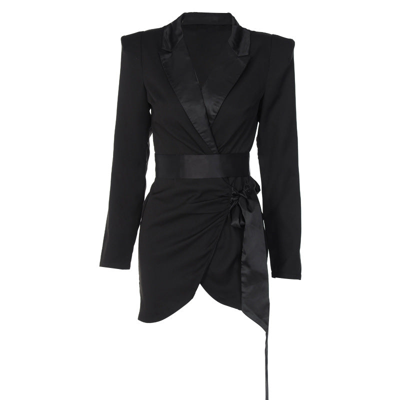 Waist Tie Deep-V Blazer Dress