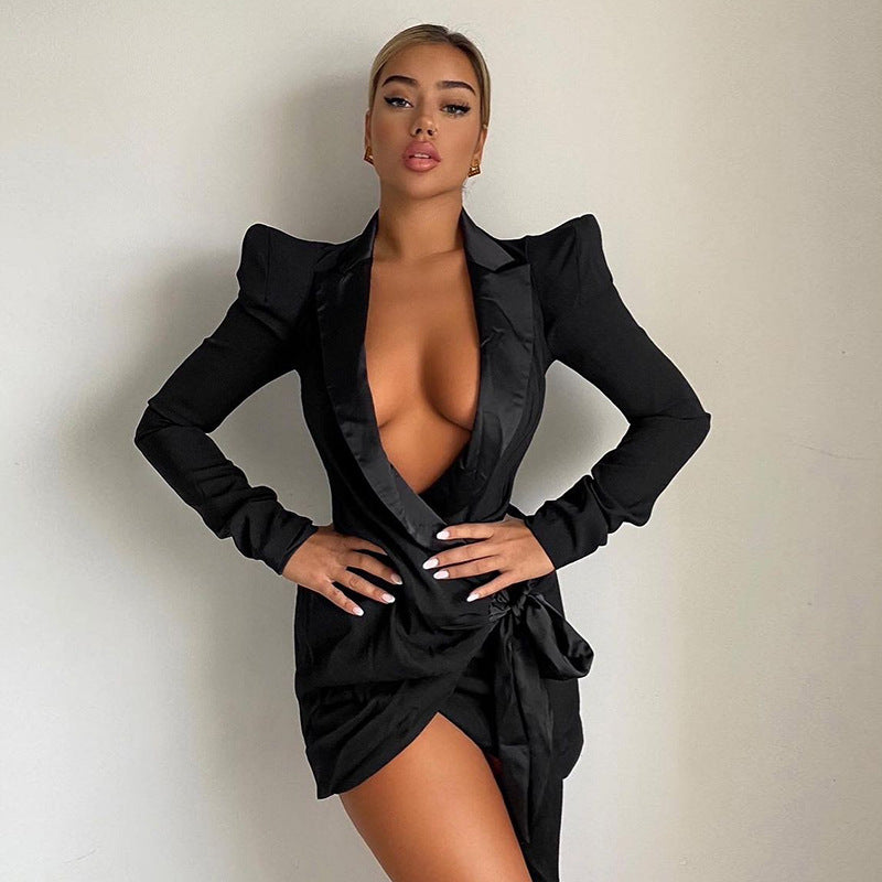 Waist Tie Deep-V Blazer Dress
