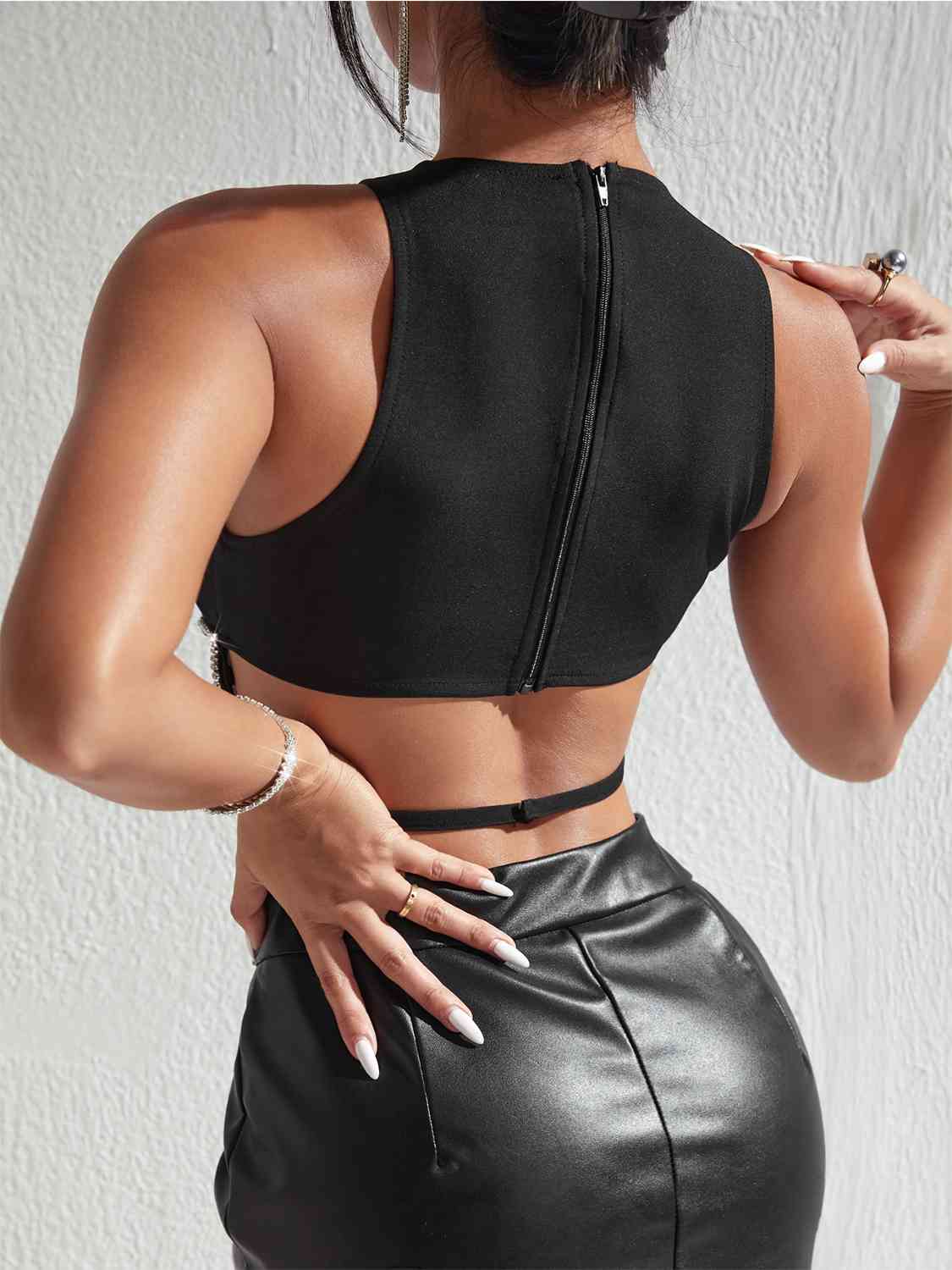 Rhilay Rhinestone Cutout Crop Top