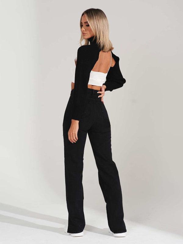 Straight Leg Ripped Ankle Slit Jeans