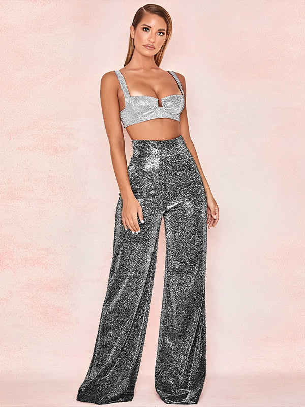 Shiny High Waisted Wide Leg Pants