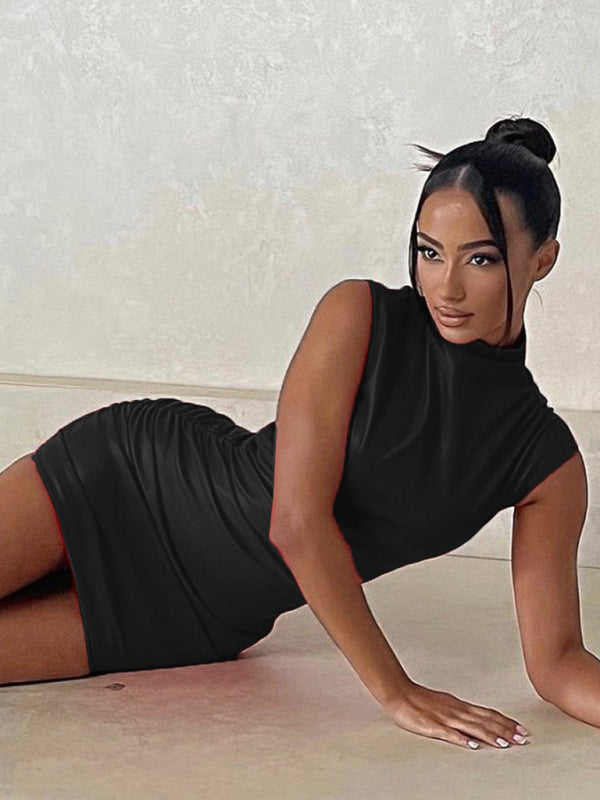 Sue Sleeveless Pleated Faux Leather Mini Dress