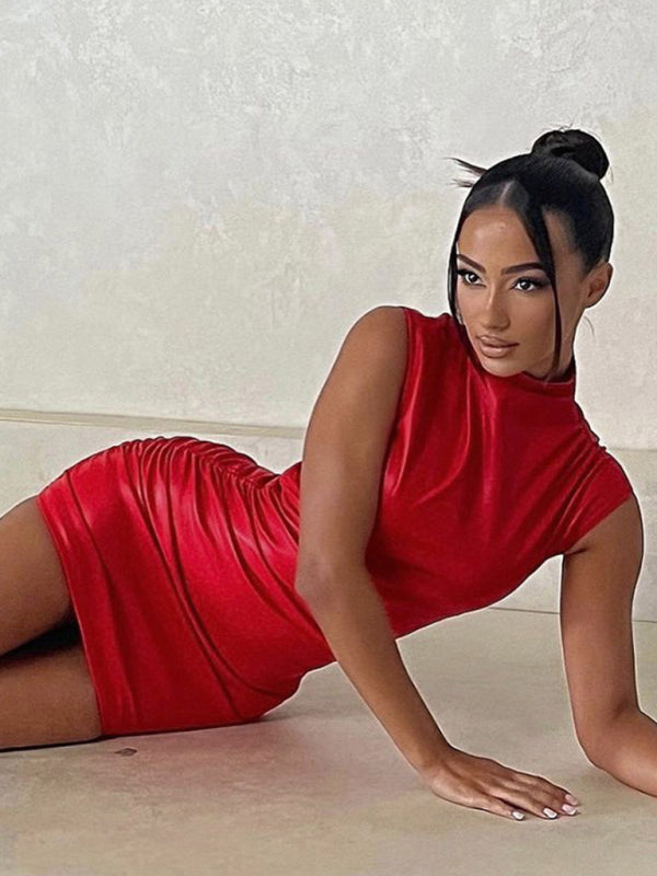 Sue Sleeveless Pleated Faux Leather Mini Dress