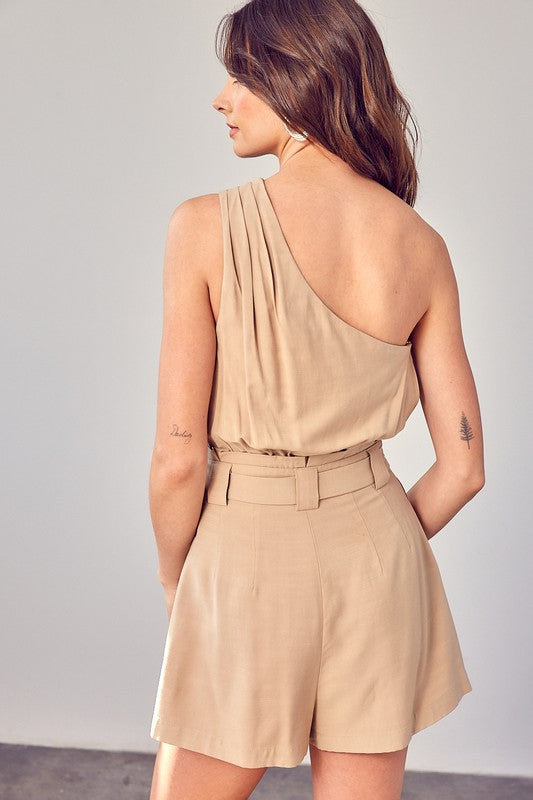 One Shoulder Waist Tie Romper