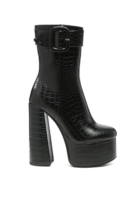 Chunky Croc Block Heel Ankle Boots