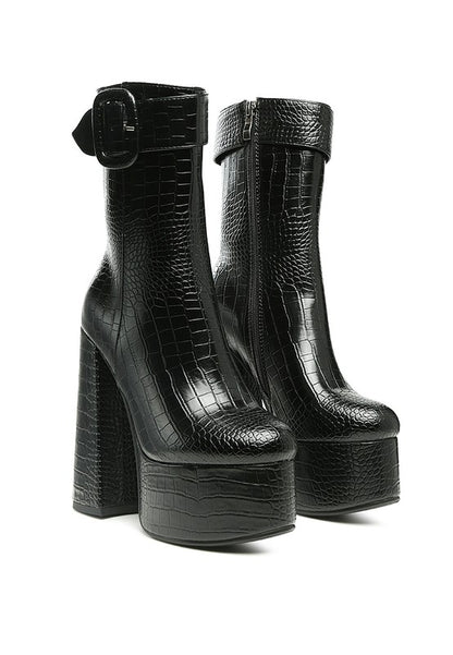 Chunky Croc Block Heel Ankle Boots