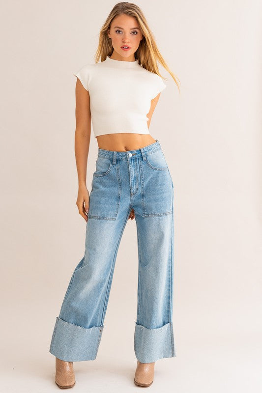 Holly High-Waisted Wide Leg Cuffed Jeans