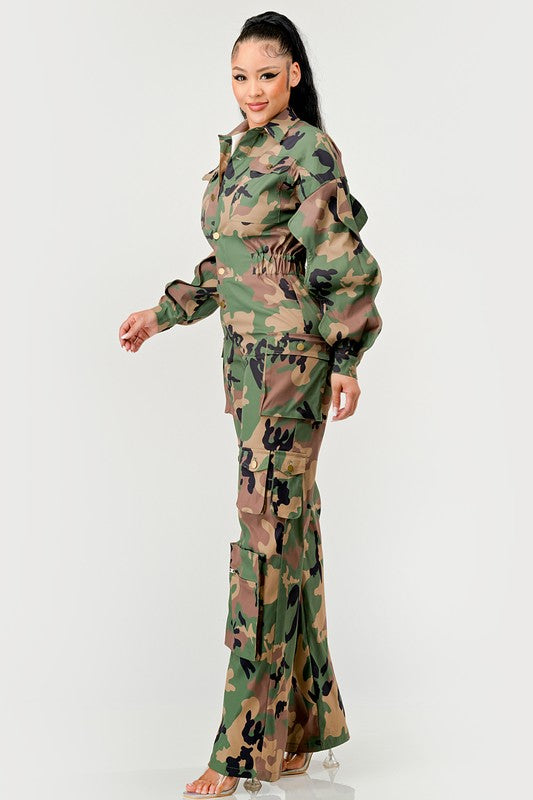 Camme Camo Ruffle Sleeve Jumpsuit