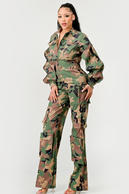 Camme Camo Ruffle Sleeve Jumpsuit