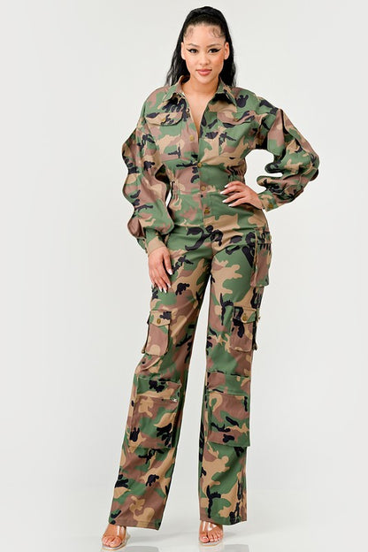 Camme Camo Ruffle Sleeve Jumpsuit