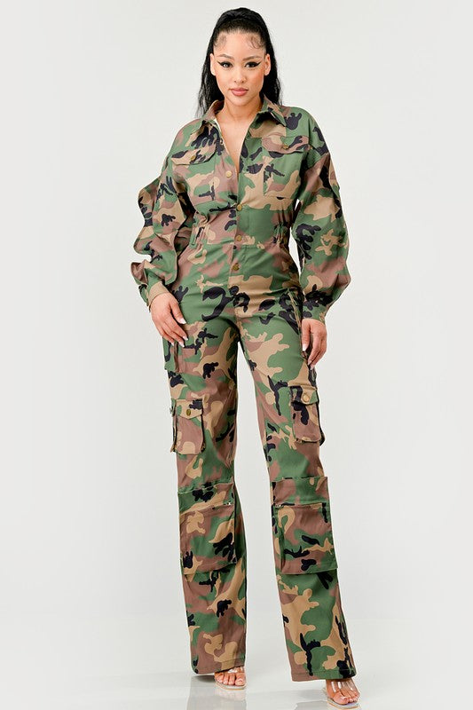 Camme Camo Ruffle Sleeve Jumpsuit