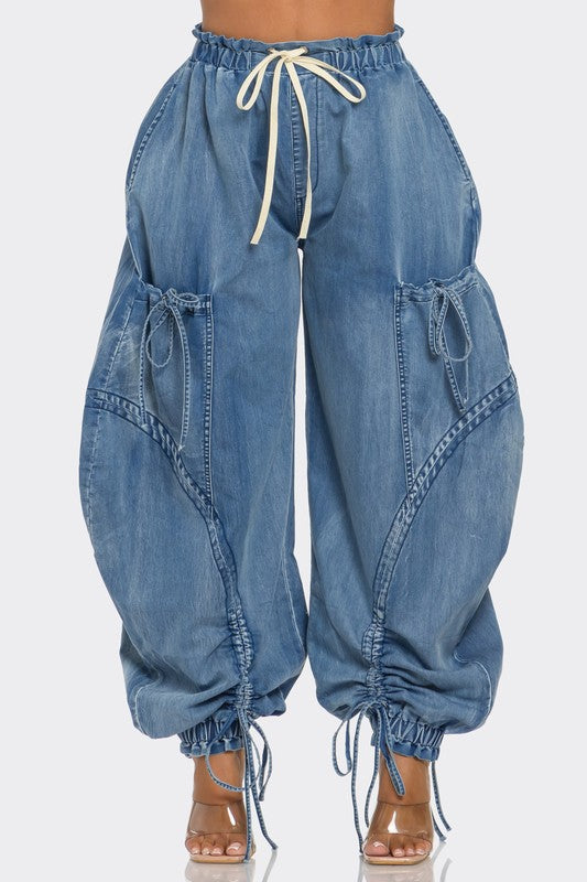 Babe Baggy Drawstring Denim Cargo Pants