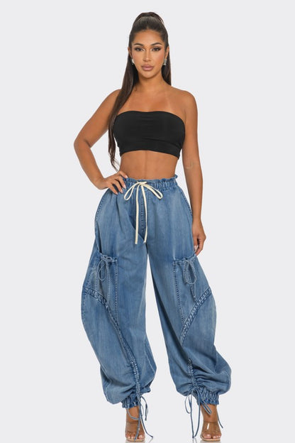 Babe Baggy Drawstring Denim Cargo Pants