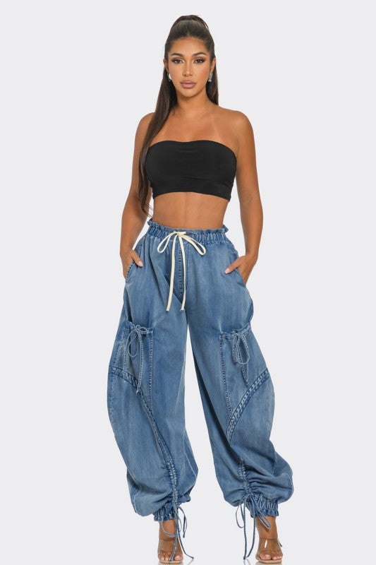 Babe Baggy Drawstring Denim Cargo Pants