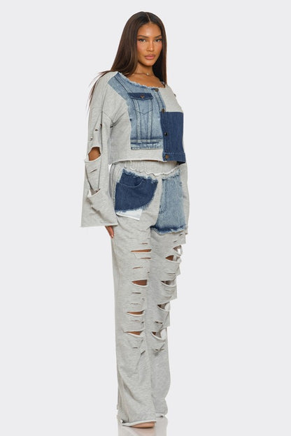 Daisi Distressed Denim Patchwork Set