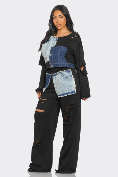 Daisi Distressed Denim Patchwork Set