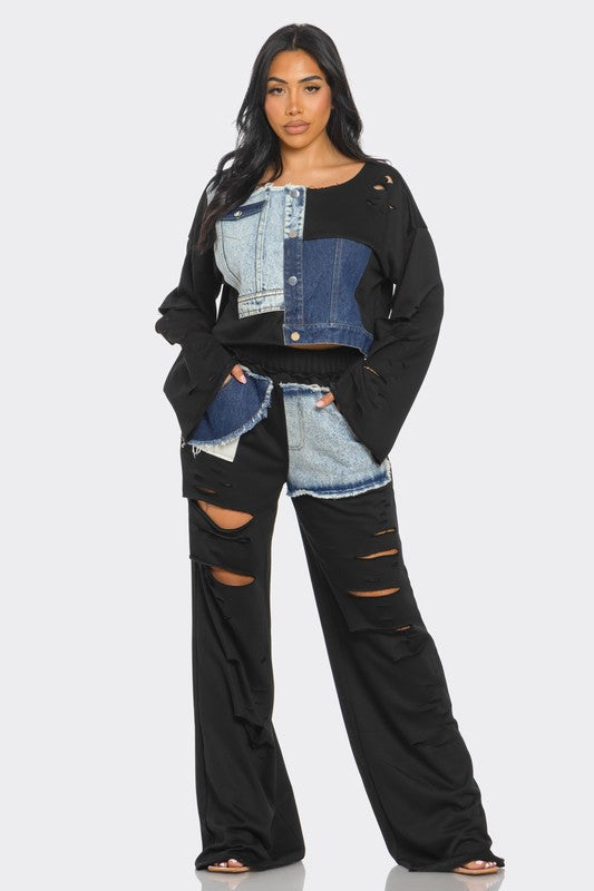 Daisi Distressed Denim Patchwork Set