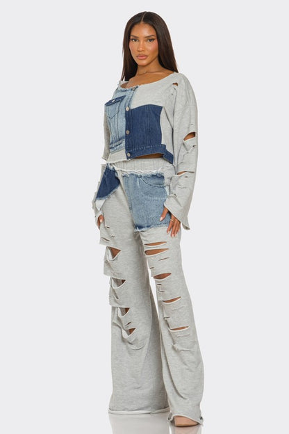 Daisi Distressed Denim Patchwork Set