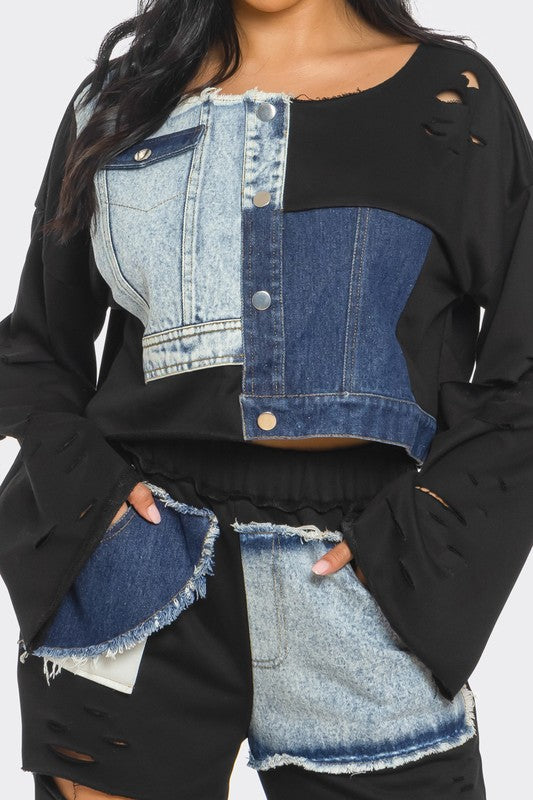 Daisi Distressed Denim Patchwork Set