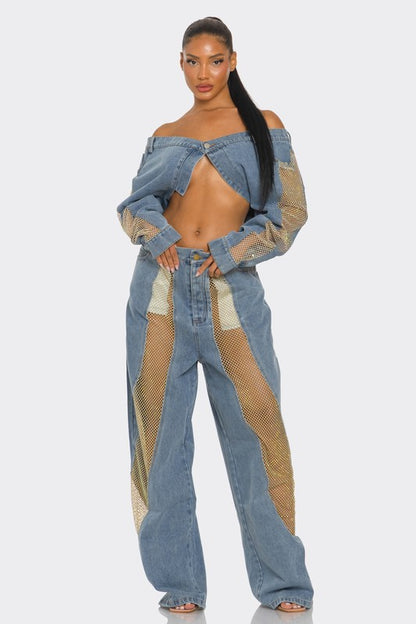 Meesha Mesh Denim Pants Set