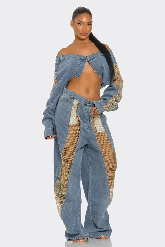 Meesha Mesh Denim Pants Set