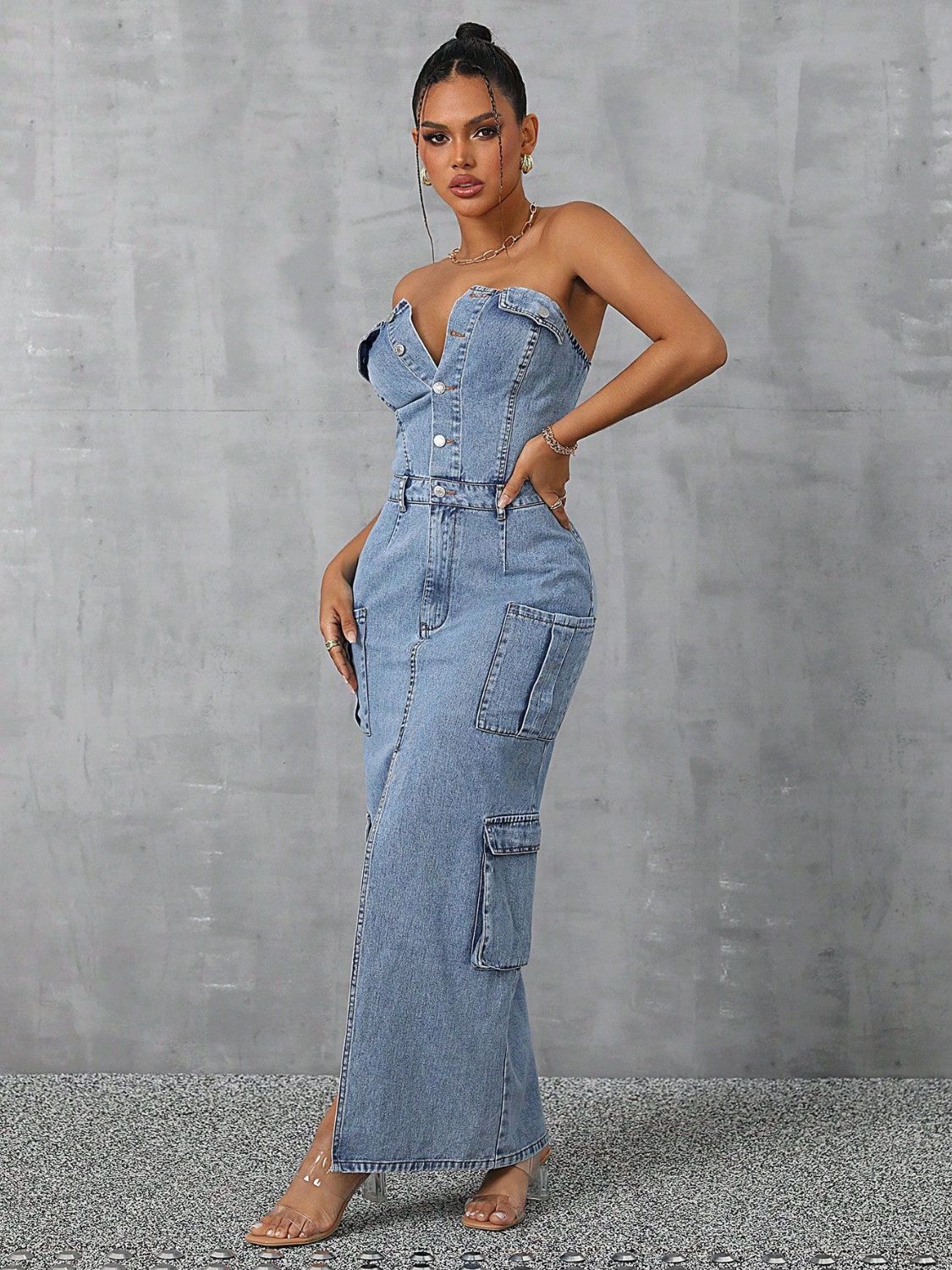 Front Slit Pocketed Denim Dress