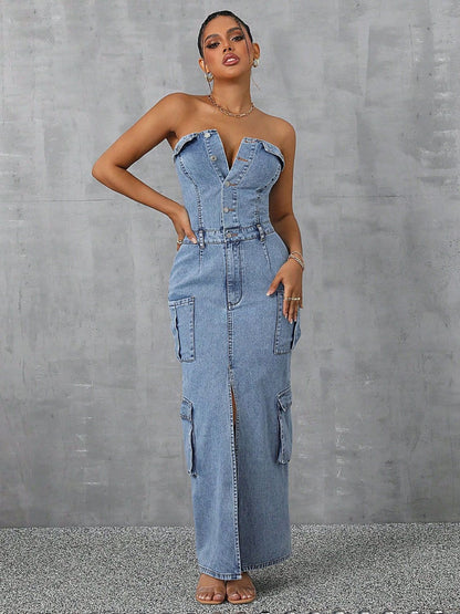 Front Slit Pocketed Denim Dress