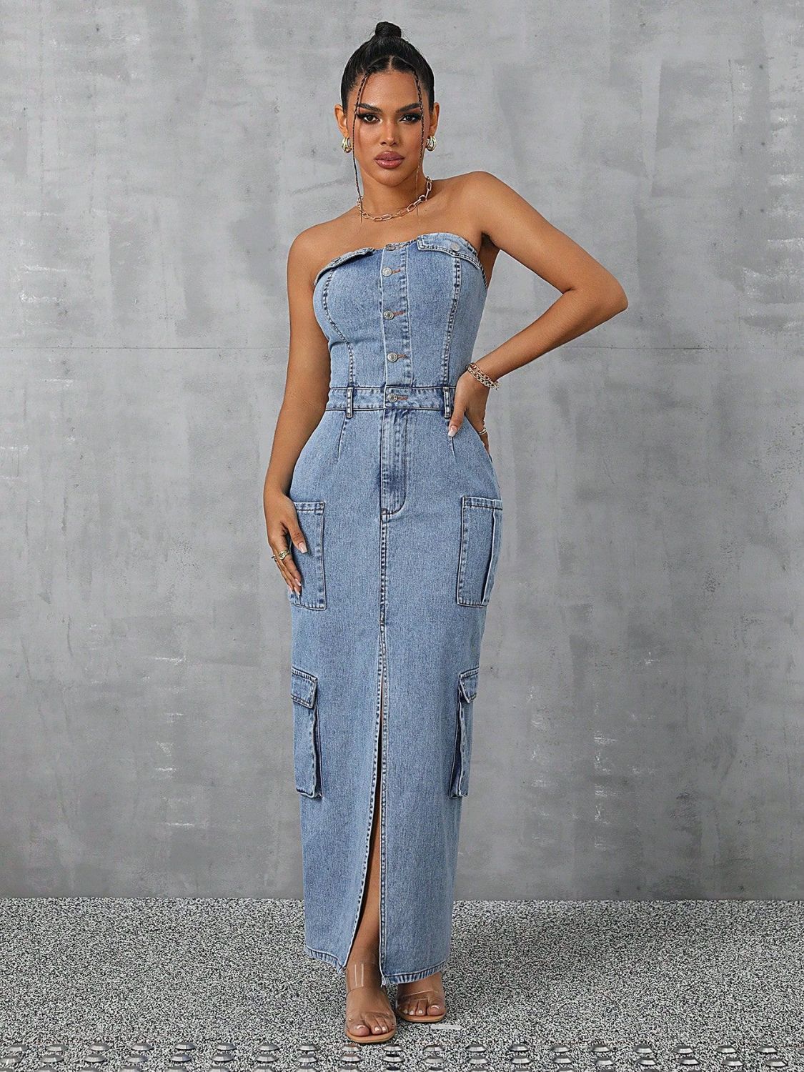 Front Slit Pocketed Denim Dress