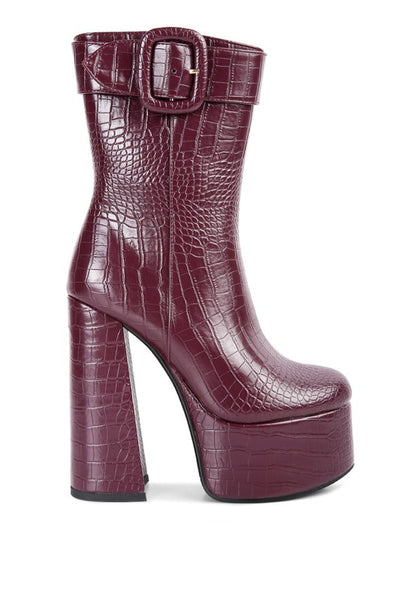 Chunky Croc Block Heel Ankle Boots