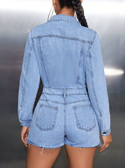 Brielle Buttoned Long Sleeve Denim Romper