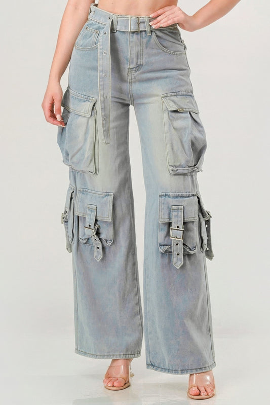 Bonnie Belted Denim Cargo Jeans