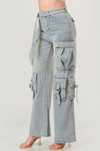 Bonnie Belted Denim Cargo Jeans