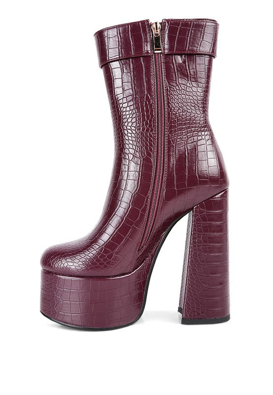 Chunky Croc Block Heel Ankle Boots