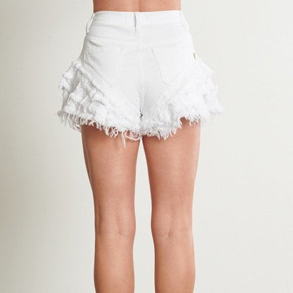 Multi-Tiered Fringed Hem Denim Shorts