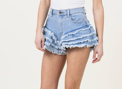 Multi-Tiered Fringed Hem Denim Shorts