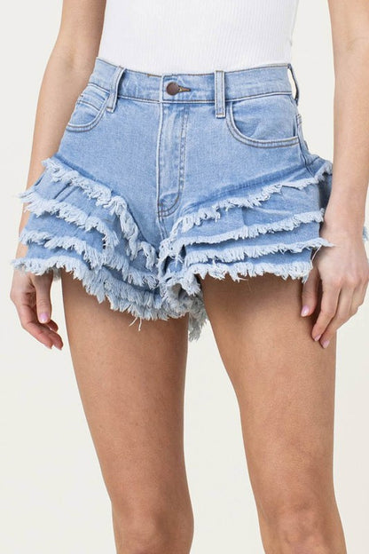 Multi-Tiered Fringed Hem Denim Shorts